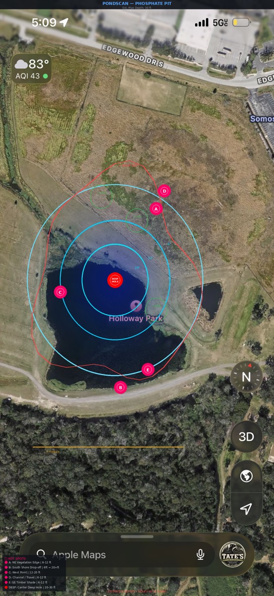 PondScan analysis of Holloway Park Pond showing depth zones, contours, drop-off and hot spots